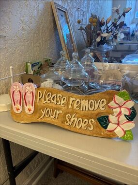 Wooden 'Please Remove Your Shoes' Wall Sign with Pink Flip-Flops